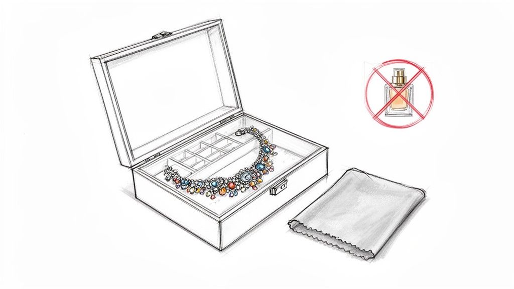 A colorful statement necklace inside an open jewelry box with a cleaning cloth and a 'no perfume' icon.