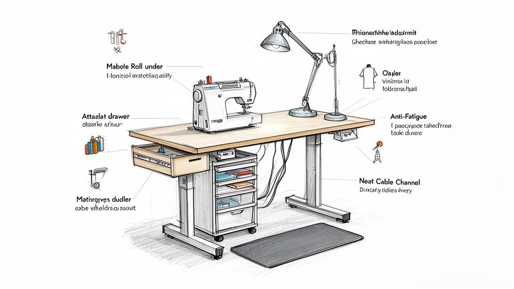 A detailed sketch of a height-adjustable sewing table with a sewing machine, task lamp, and organized storage.