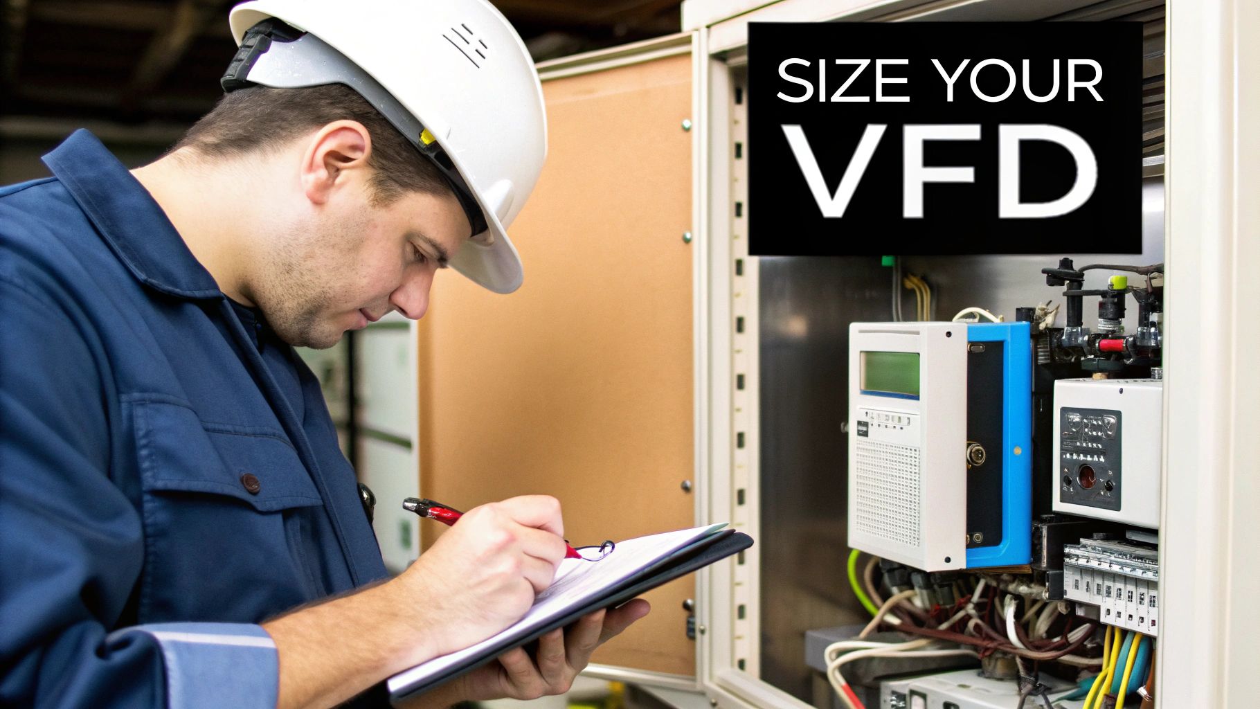 A technician inspecting a VFD unit inside an industrial control panel.