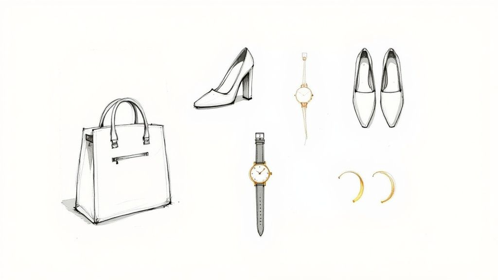 A woman accessorizing a business casual outfit with a necklace and watch