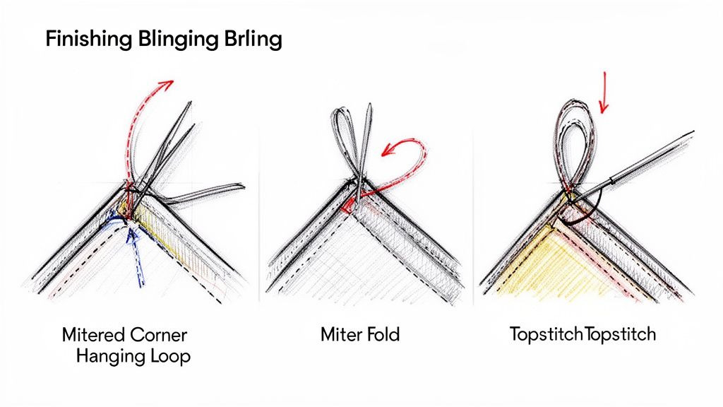 Three sewing diagrams demonstrate how to create a mitered corner hanging loop with topstitching.