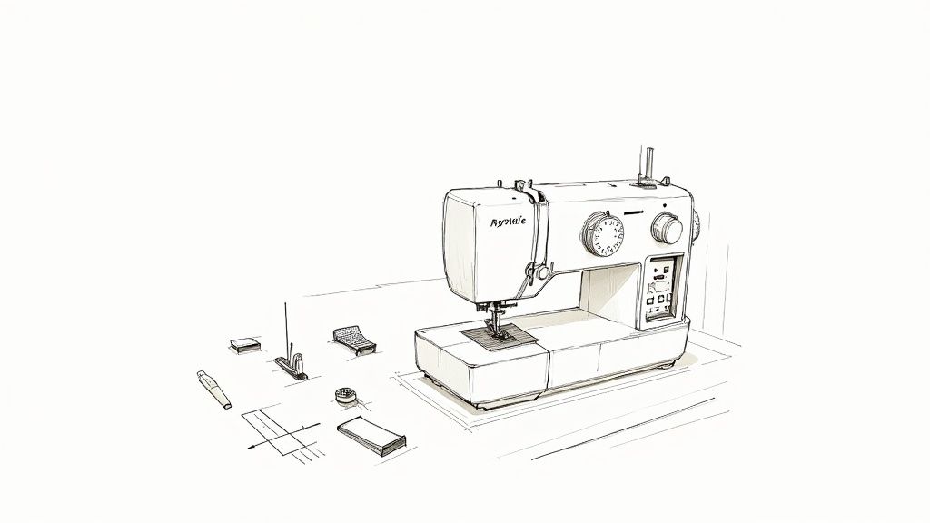 A person carefully cleaning a sewing machine with a small brush