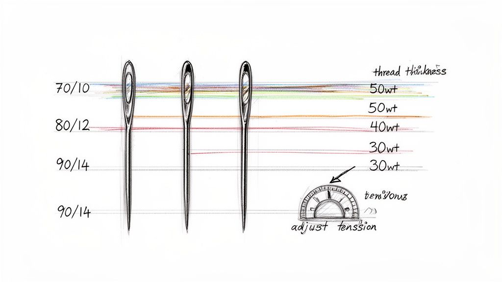Chart illustrating ideal thread thickness for different sewing needle sizes, from 70/10 to 90/14.