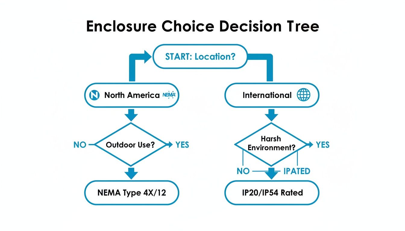 A decision tree illustrating enclosure choices based on location and environmental factors, leading to NEMA or IP ratings.
