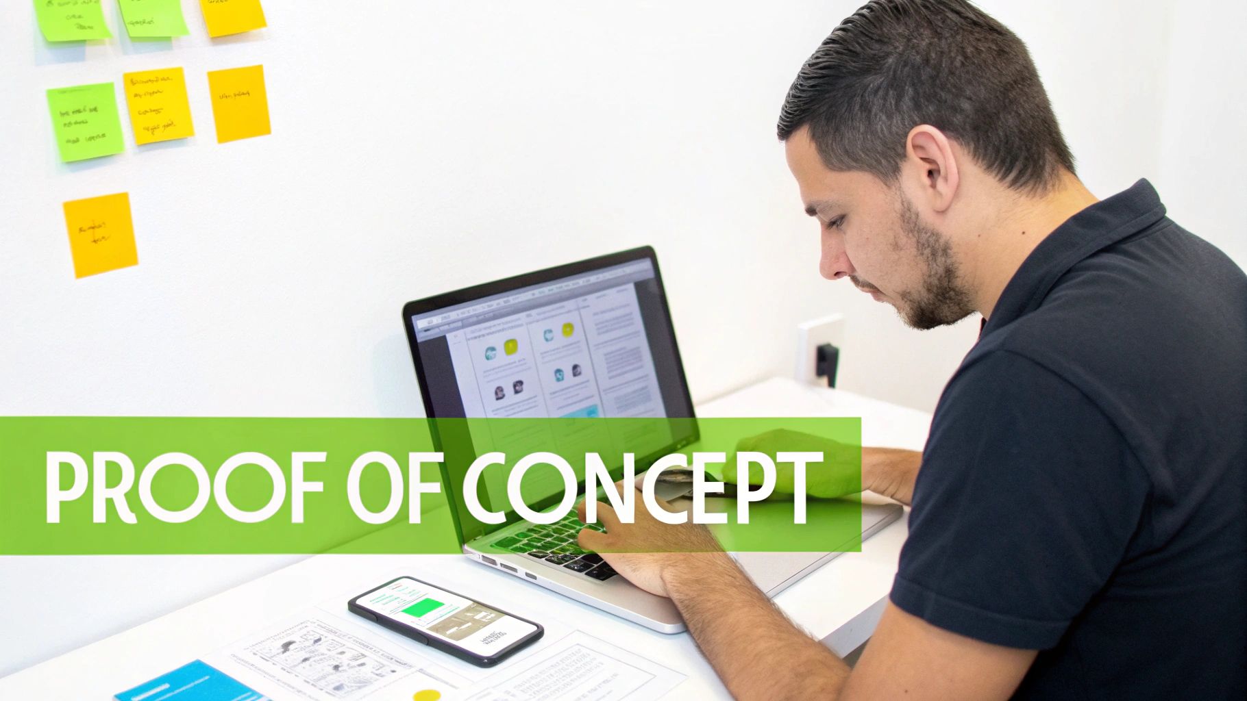 A man intensely working on a laptop, surrounded by sticky notes and a smartphone, for proof of concept.