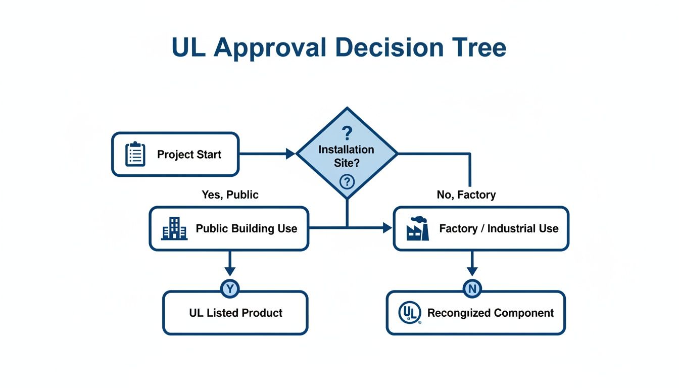 A UL approval decision tree flowchart illustrating paths for public building and factory installations.