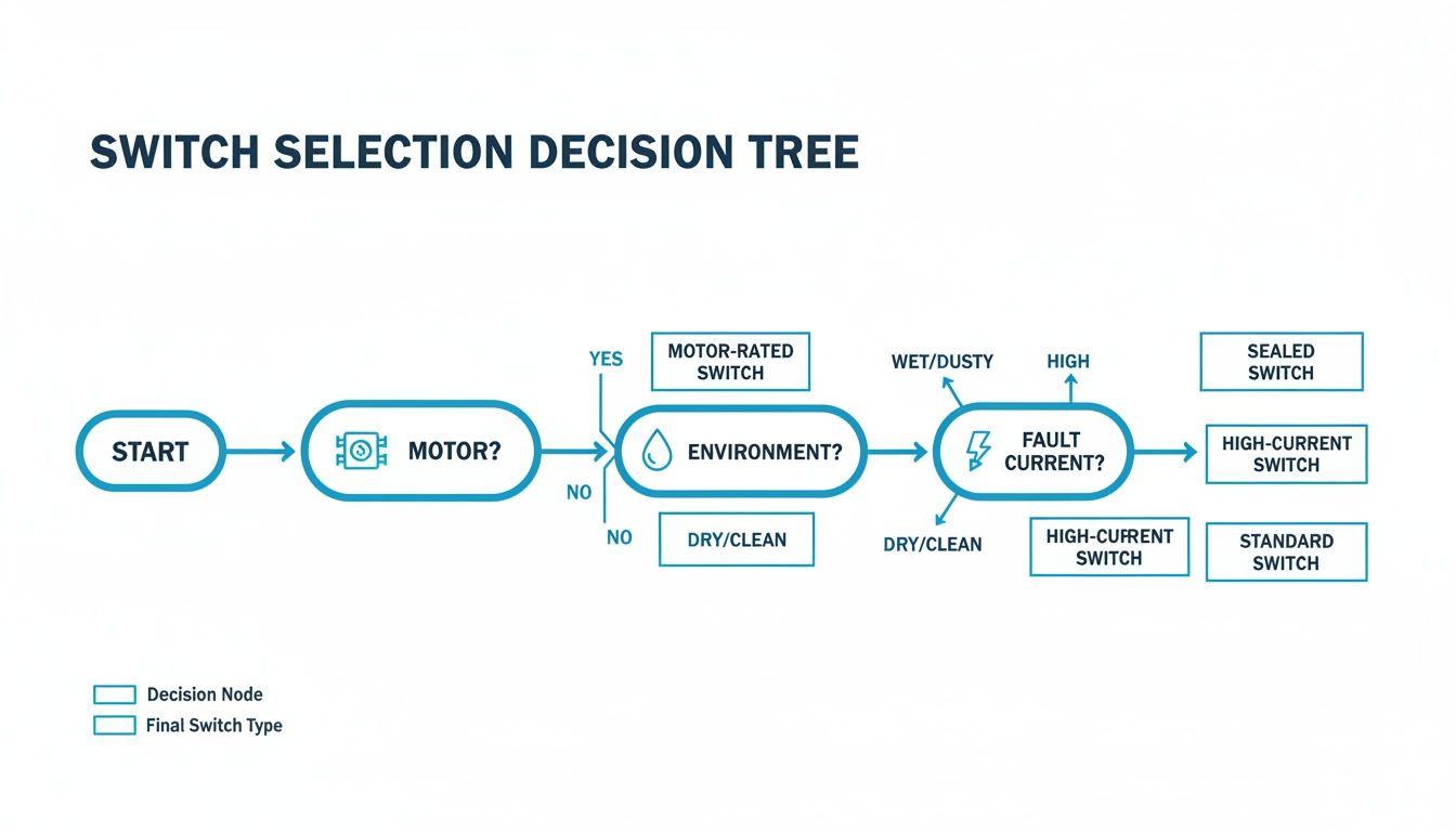 Decision tree flowchart illustrating the selection process for different switch types based on application factors.