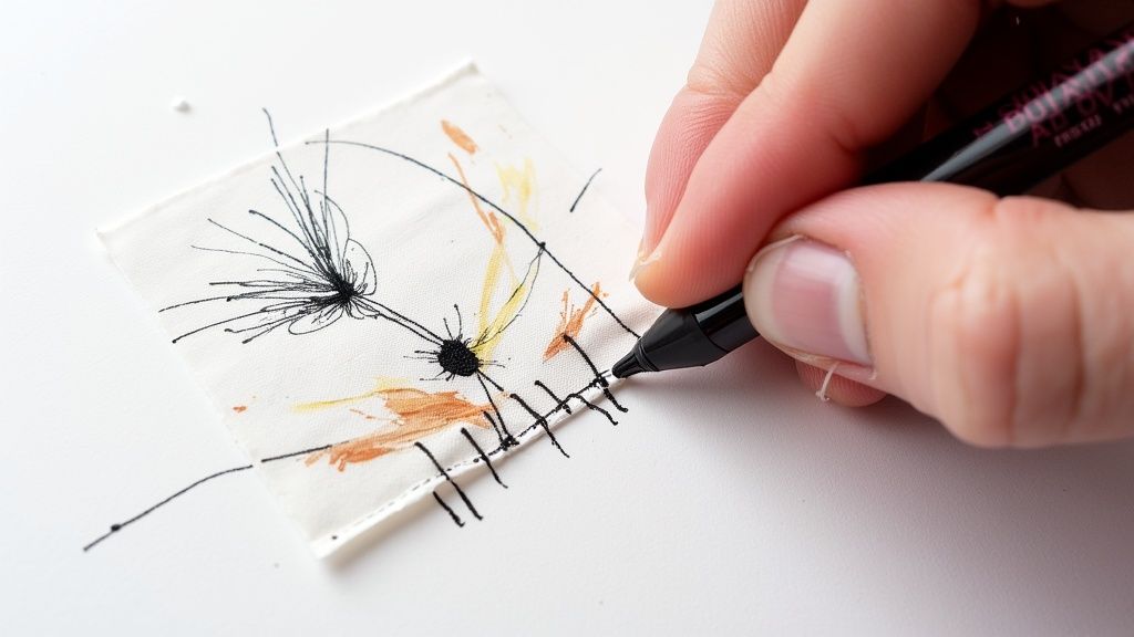 Close-up of a person's hands carefully sewing gathers by hand on a piece of delicate fabric.