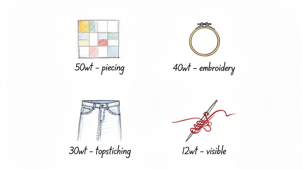 Illustrations showing thread weights (50wt, 40wt, 30wt, 12wt) and their applications in piecing, embroidery, and topstitching.