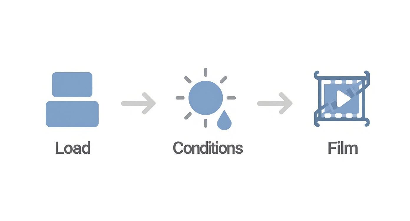 Three-step process diagram showing load preparation, weather conditions assessment, and film application for packaging