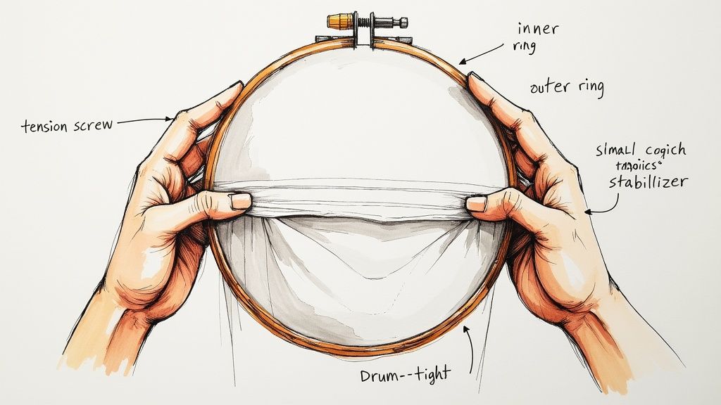 Two hands adjusting an embroidery hoop with fabric, showing labels for tension, rings, and stabilizer.