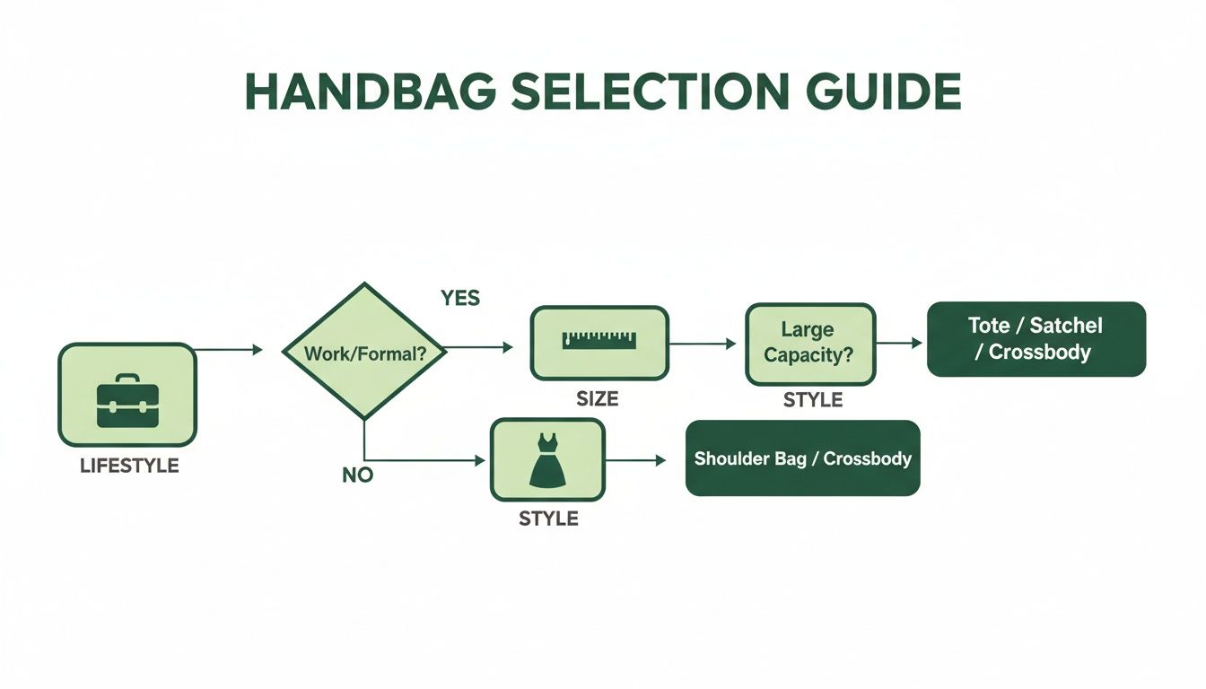 Flowchart guiding handbag selection based on lifestyle, occasion, size, and style.