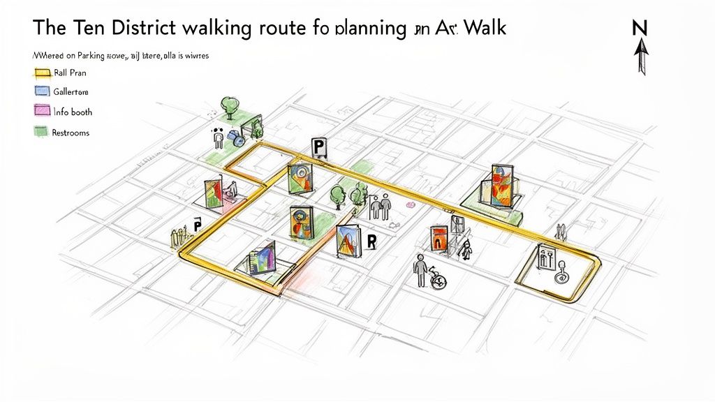 Hand-drawn map showing The Ten District walking route for an art walk, including galleries, parking, info booths, and restrooms.