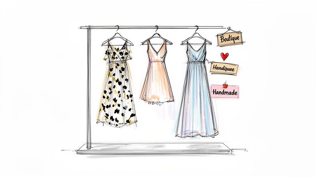 Hand-drawn illustration of three colorful dresses on a clothing rack with 'Boutique' and 'Handmade' signs.