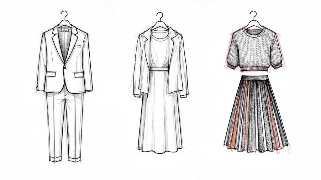 Fashion illustrations of diverse work and casual outfits on hangers.