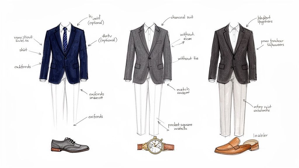 Three hand-drawn illustrations of men's semi-formal outfits, including suits, shirts, ties, shoes, and accessories.