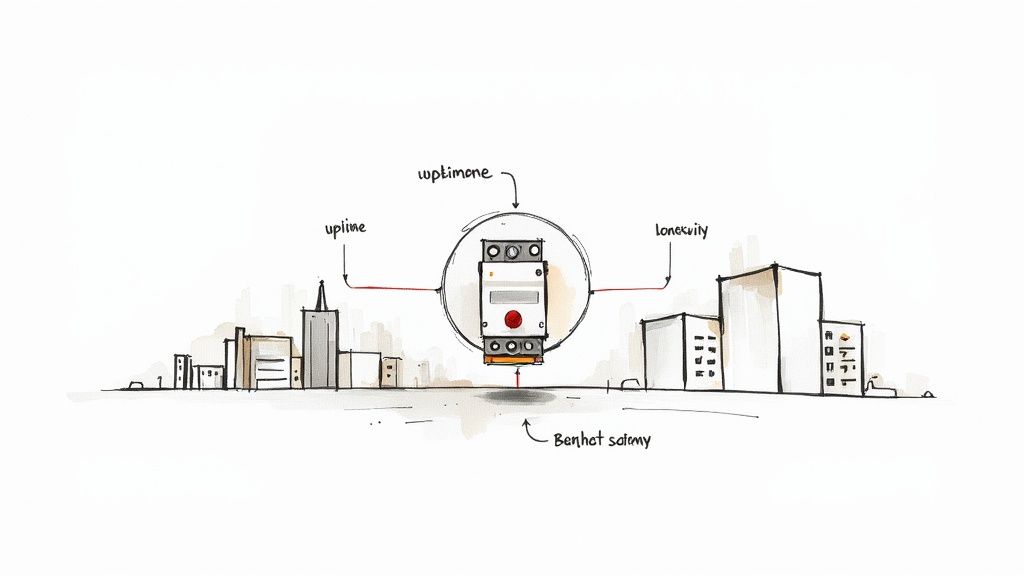 Hand-drawn sketch of a city skyline with an electrical breaker central to buildings, indicating uptime and longevity.