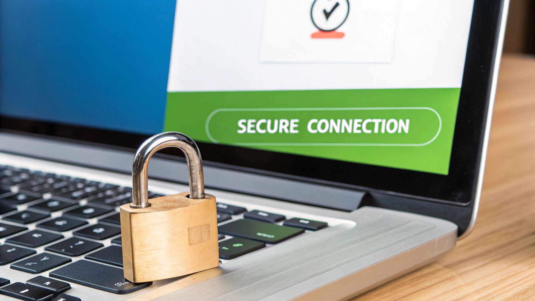 A padlock rests on a laptop keyboard, with 'SECURE CONNECTION' displayed on the screen, symbolizing data security.