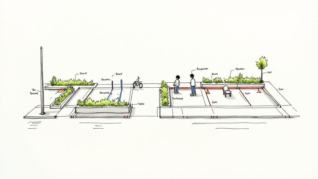 Detailed sketch illustrating a modular public park design with planters, people, and urban furniture.