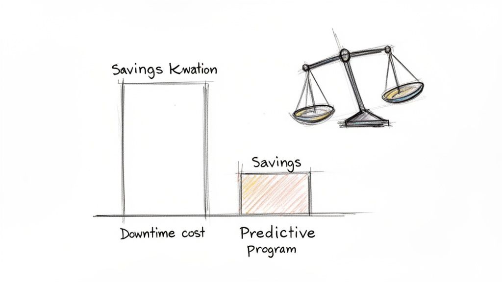 Bar chart comparing high downtime cost to smaller savings from a predictive maintenance program, with a tilted scale.