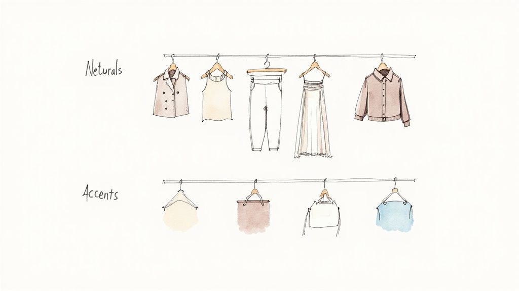 Watercolor illustration of neutral fashion pieces and colorful accent accessories on a clothes rack.