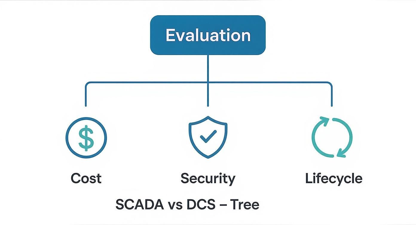 Evaluation tree diagram showing cost, security, and lifecycle factors for comparing SCADA versus DCS systems