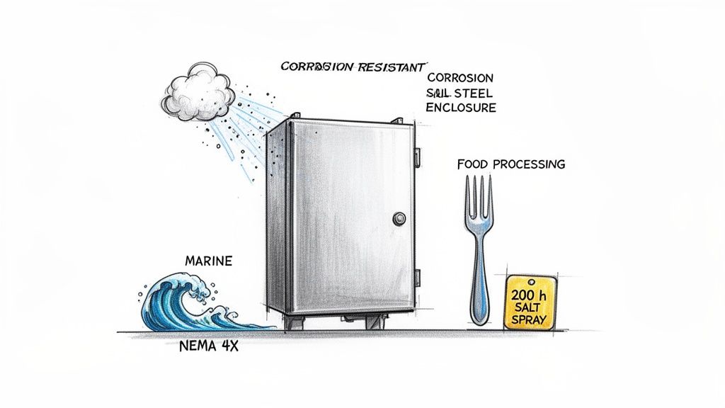 Illustration of a corrosion-resistant NEMA 4X stainless steel enclosure suitable for marine, outdoor, and food processing environments.