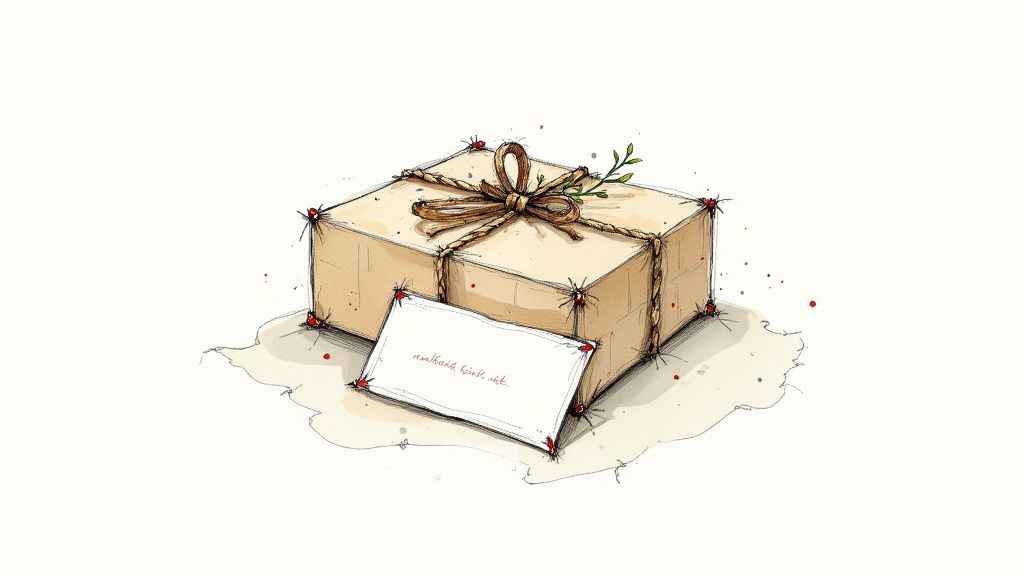 A charming hand-drawn watercolor sketch of a simple gift box tied with twine, adorned with a green sprig, and a small note card.