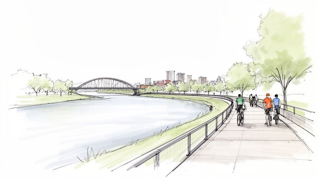 A scenic sketch of a riverwalk with cyclists, a bridge, and a city skyline.