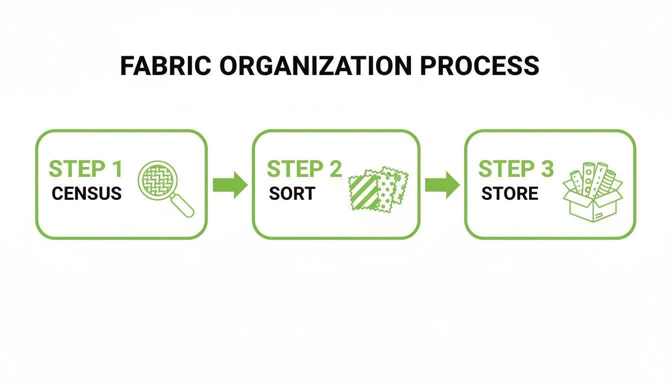 Diagram showing a three-step fabric organization process: census, sort, and store.