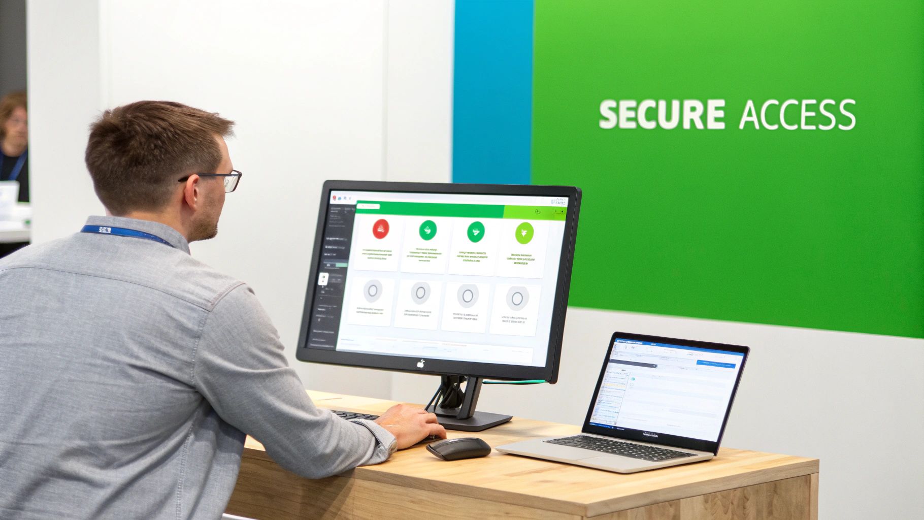 A man wearing glasses works on a computer with a dashboard, promoting secure access.