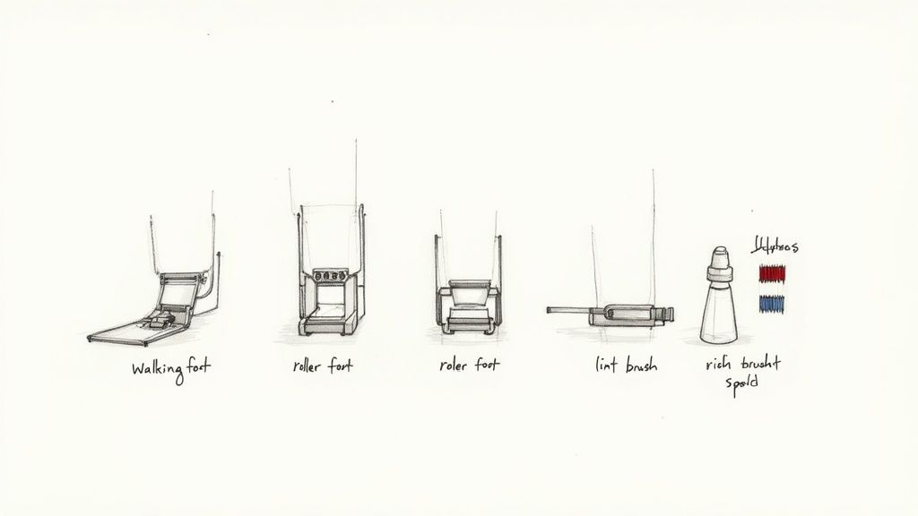Technical sketch of various sewing machine accessories, including walking foot, roller foot, lint brush, and spool.