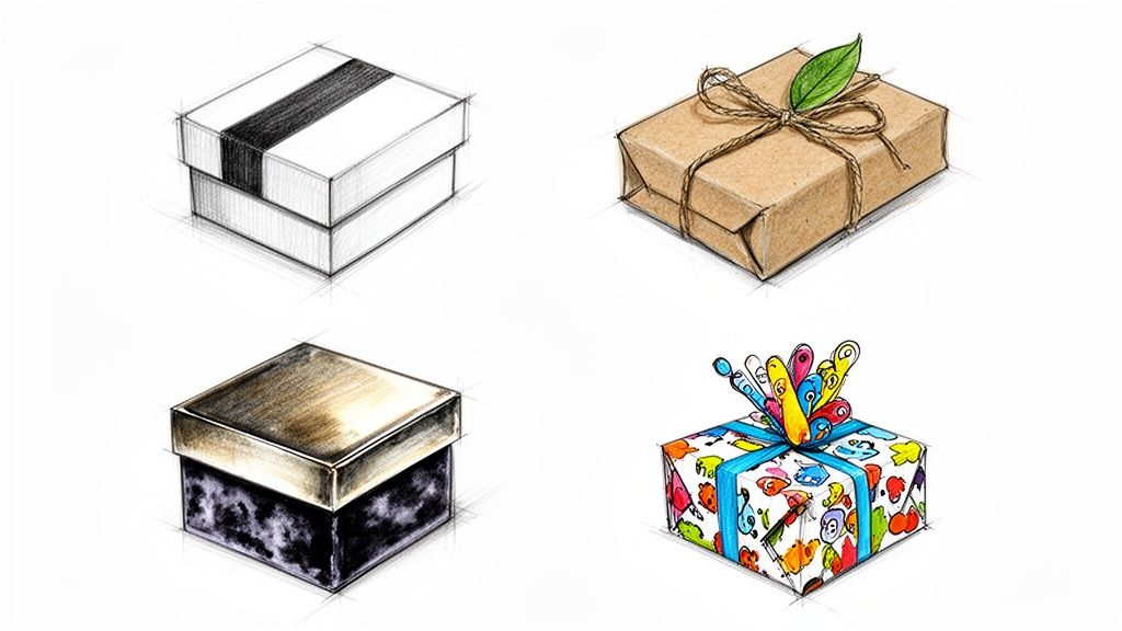 Four hand-drawn sketches of various gift boxes, showcasing different wrapping styles and materials.