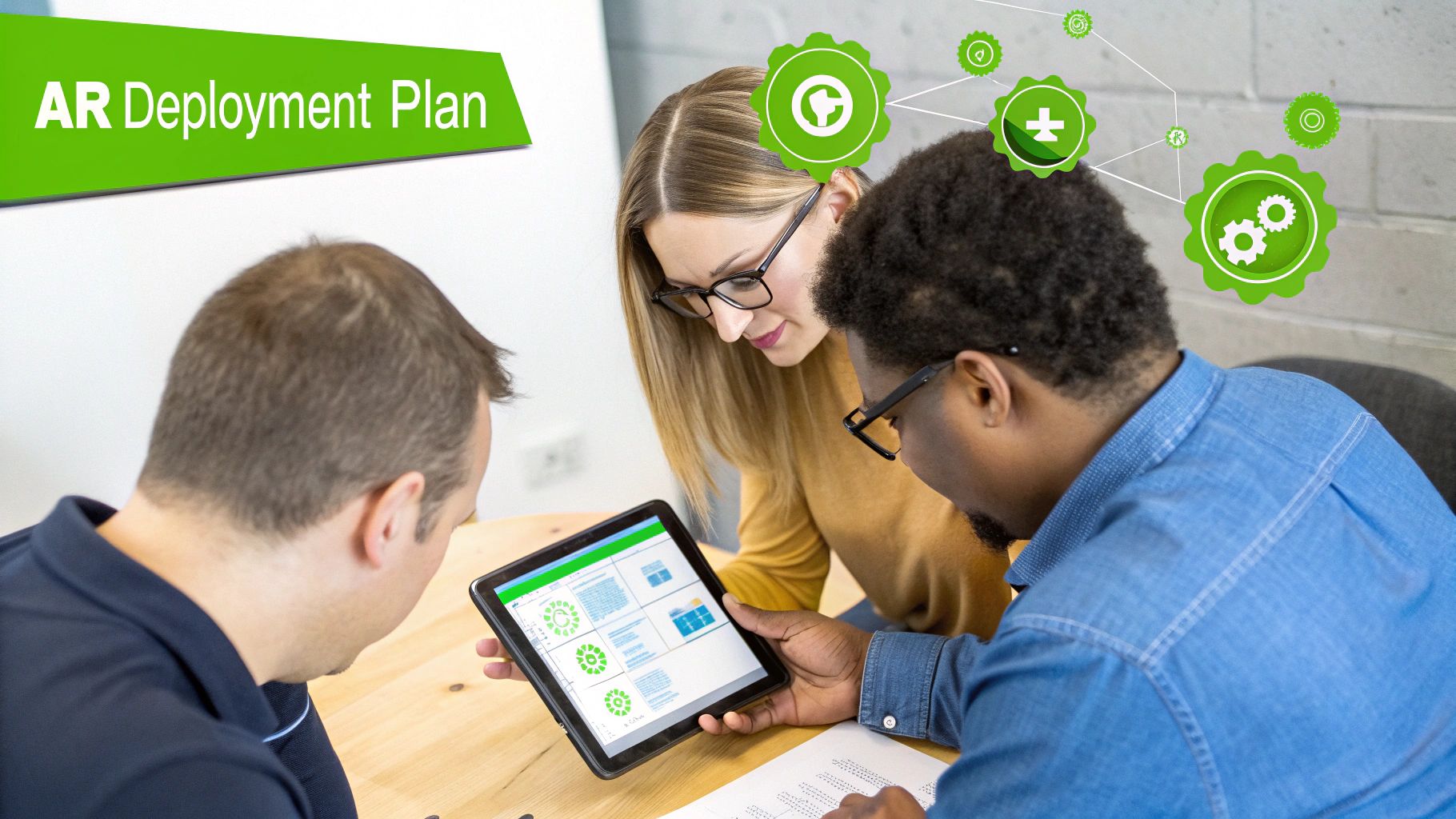 Three colleagues discuss an AR deployment plan using a tablet, with AR graphics overhead.