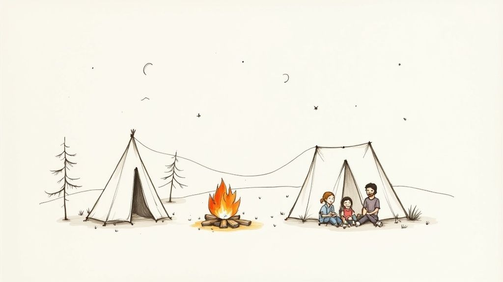 Cartoon illustration of a family camping at night with a campfire, two tents, and trees under a starry sky.