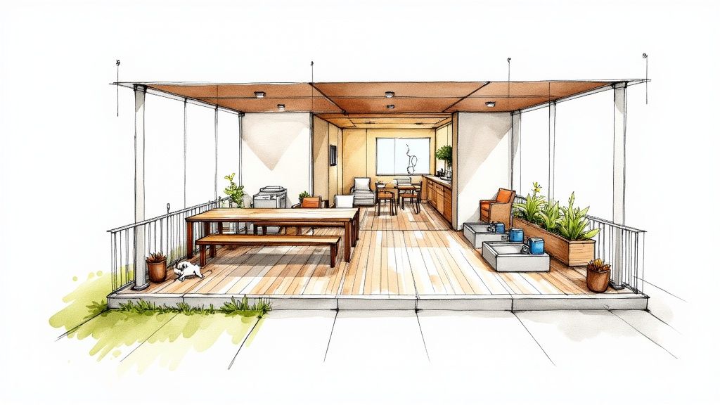 Architectural sketch of an open-plan outdoor living space with a wooden deck, dining area, and lush green plants.