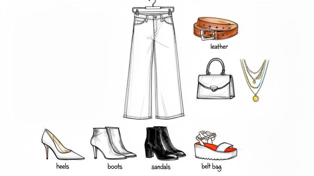 An illustration featuring wide-leg jeans, a belt, handbag, layered necklace, heels, and various boots for outfit styling.