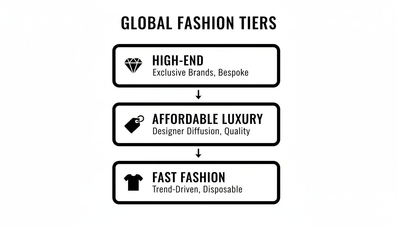 An infographic detailing global fashion tiers: High-End, Affordable Luxury, and Fast Fashion, with descriptions.