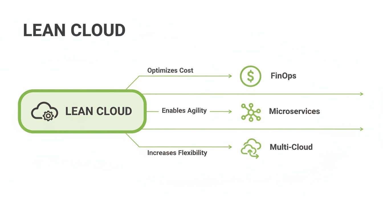 Lean Cloud diagram illustrating how it optimizes cost with FinOps, enables agility with Microservices, and increases flexibility with Multi-Cloud.