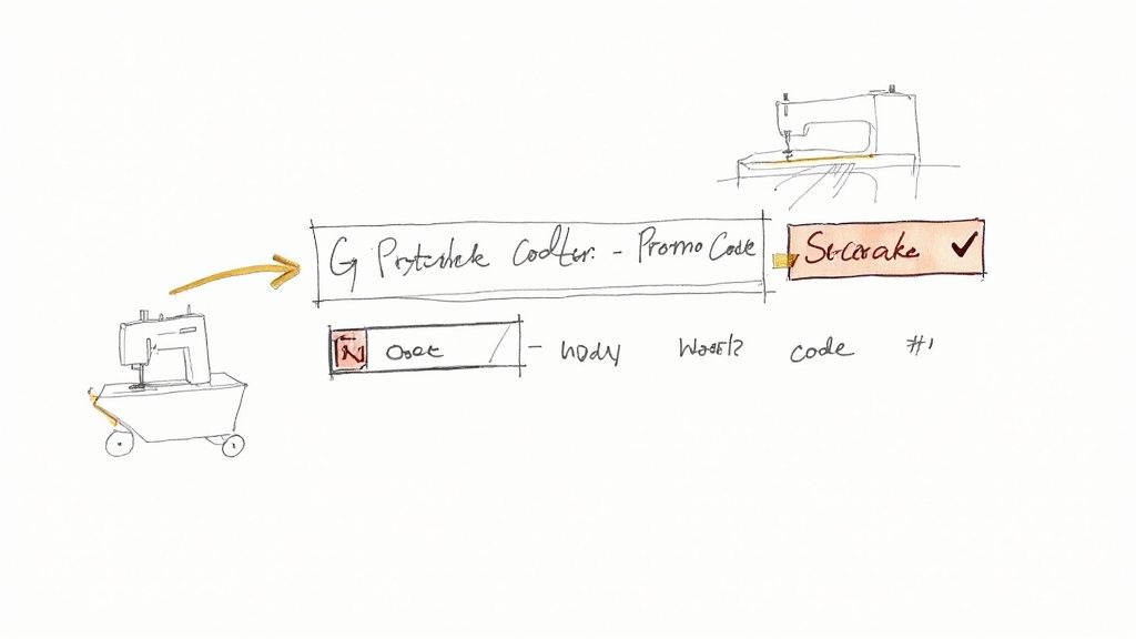 A person's hands entering a promo code on a checkout page on a tablet.