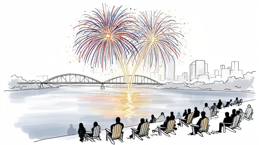 People watch patriotic fireworks exploding over a river, bridge, and city skyline at night.
