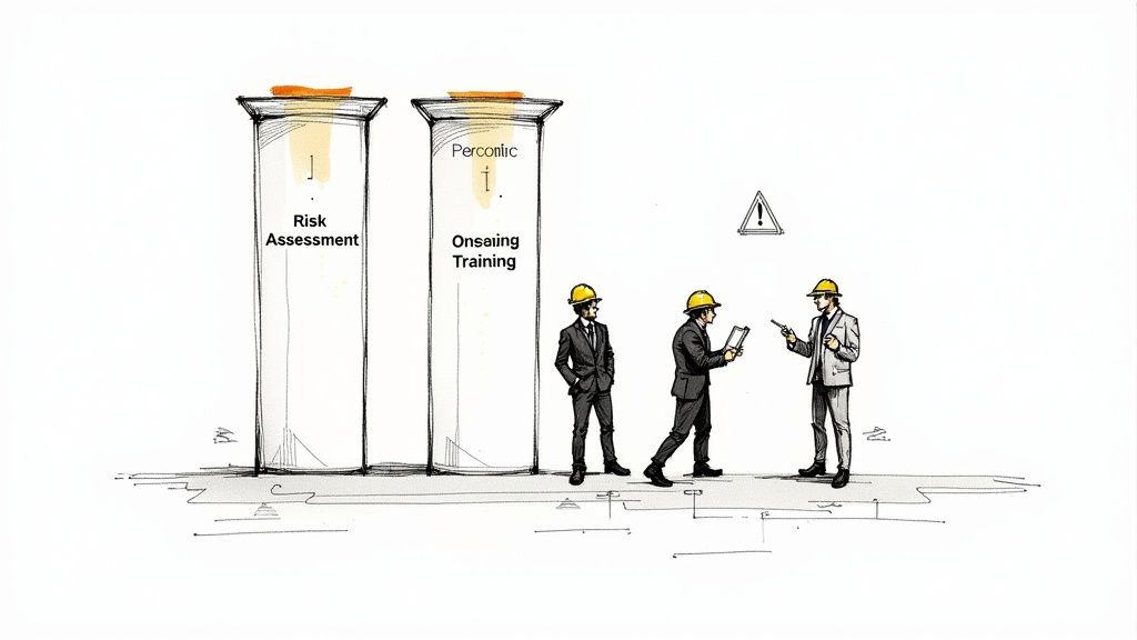 Three men in suits and hard hats discuss safety near pillars of risk assessment and ongoing training.