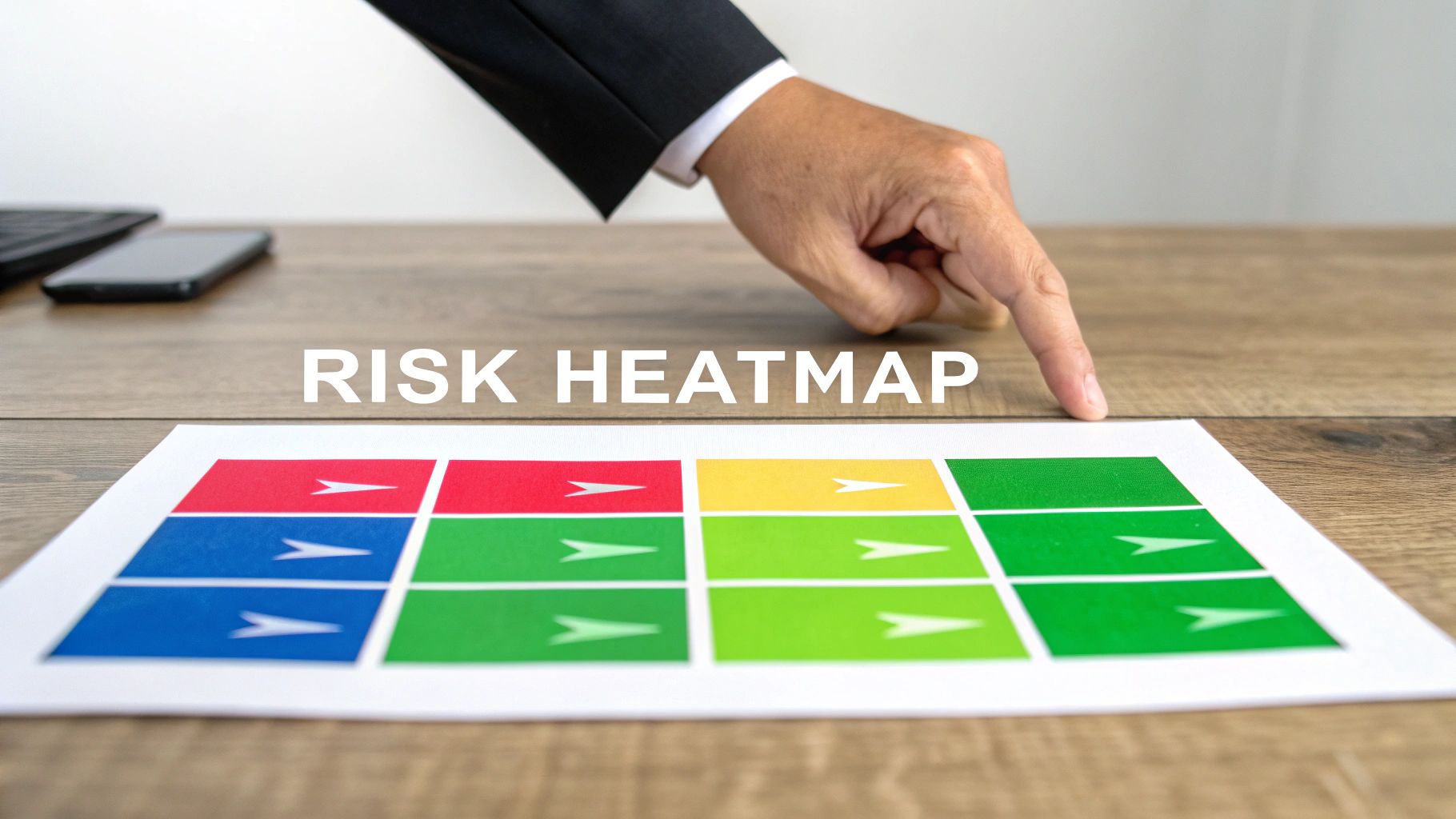 Businessman's hand pointing at a risk heatmap displaying various colored risk levels.
