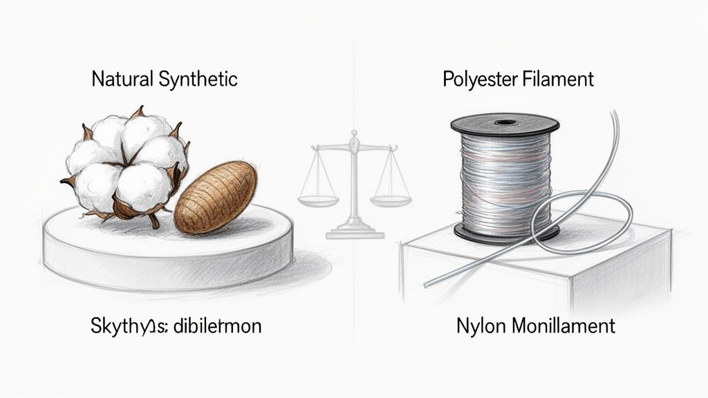 Comparison of natural fibers like cotton and cocoons with synthetic threads like polyester and nylon monofilament.