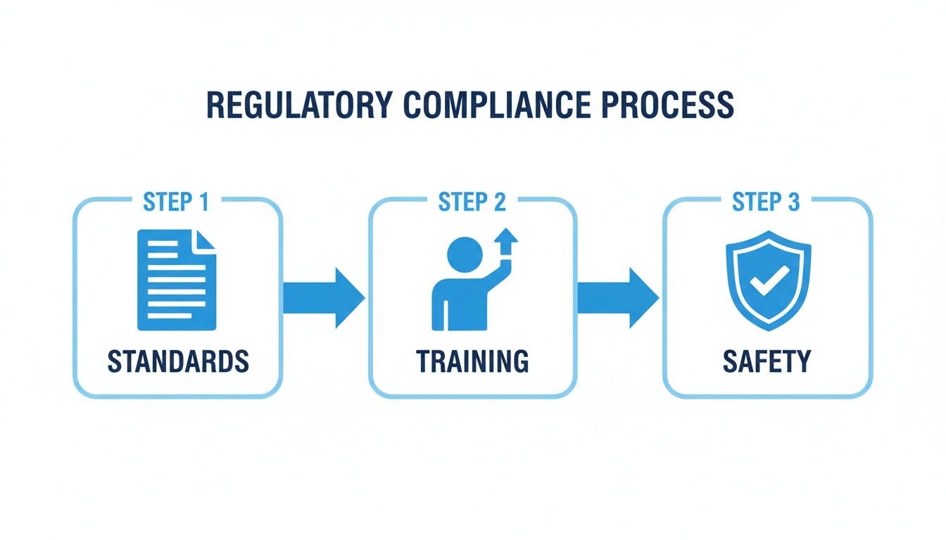 Visual representation of the three-step regulatory compliance process: standards, training, and safety.