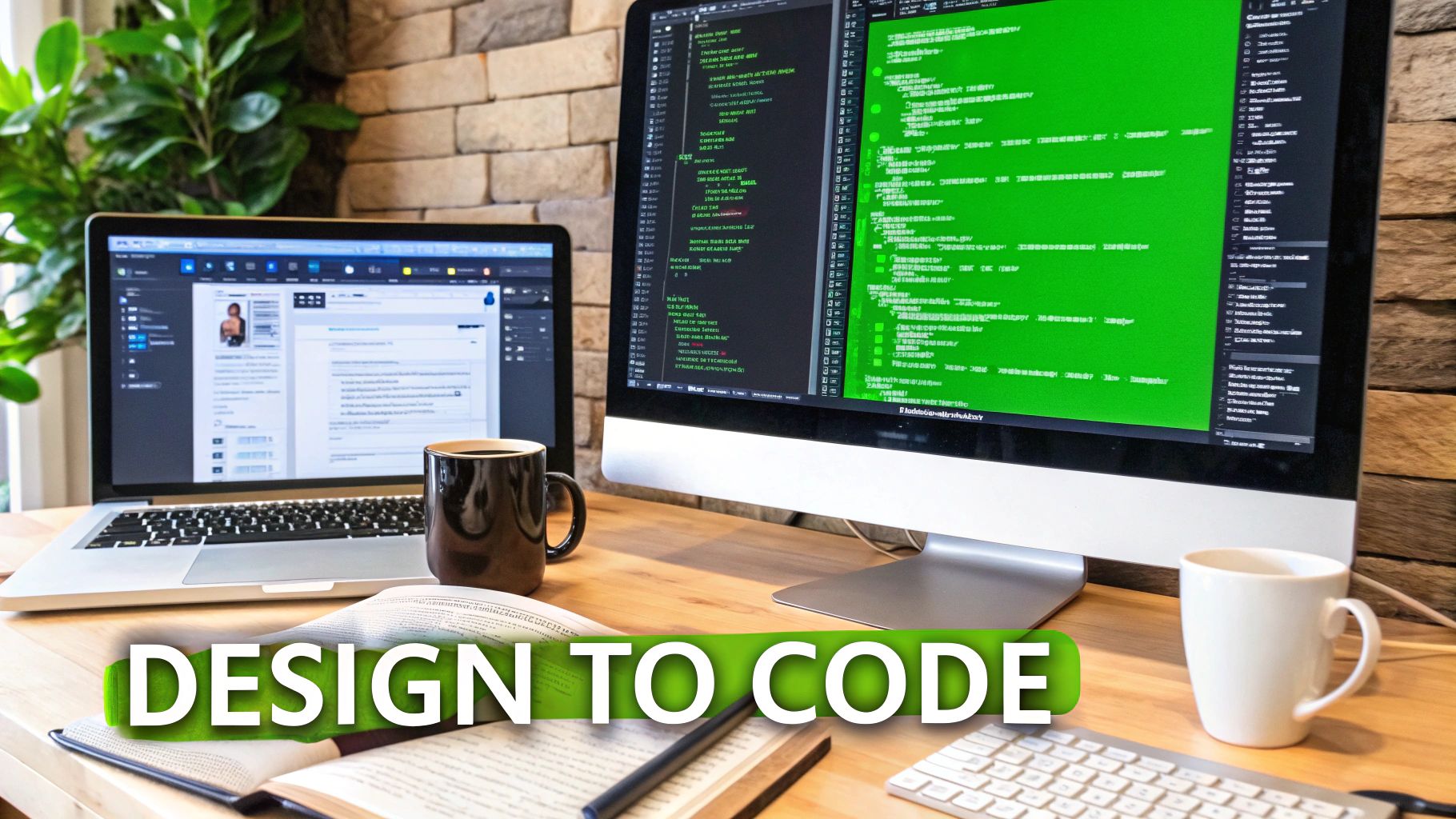 A developer's desk with a laptop showing design software, a monitor displaying code, and two coffee mugs.