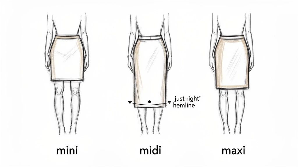 Three illustrations of skirt lengths: mini (above knee), midi (mid-calf), and maxi (below calf).