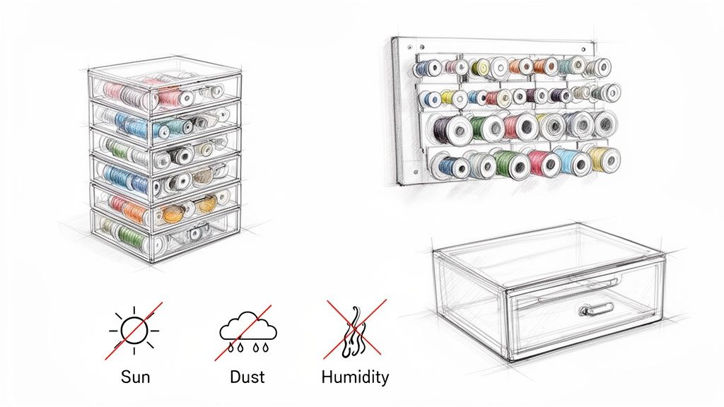 Sketches illustrate various thread storage solutions, including stacked clear boxes, a wall rack, and a drawer, emphasizing protection from sun, dust, and humidity.