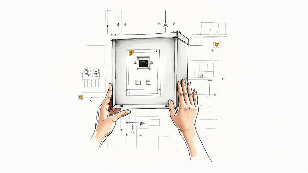 Illustration of hands installing a control panel with a display, integrated into a technical drawing.