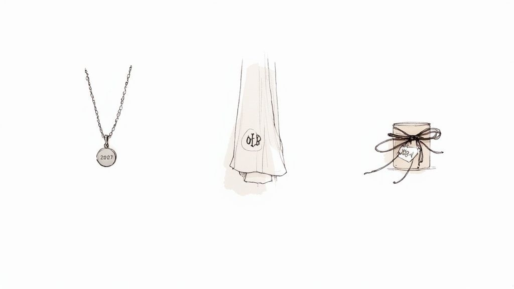 Three hand-drawn illustrations: a necklace with '2027' pendant, fabric with 'OLB' monogram, and a jar with a 'MY BIRTH' tag.